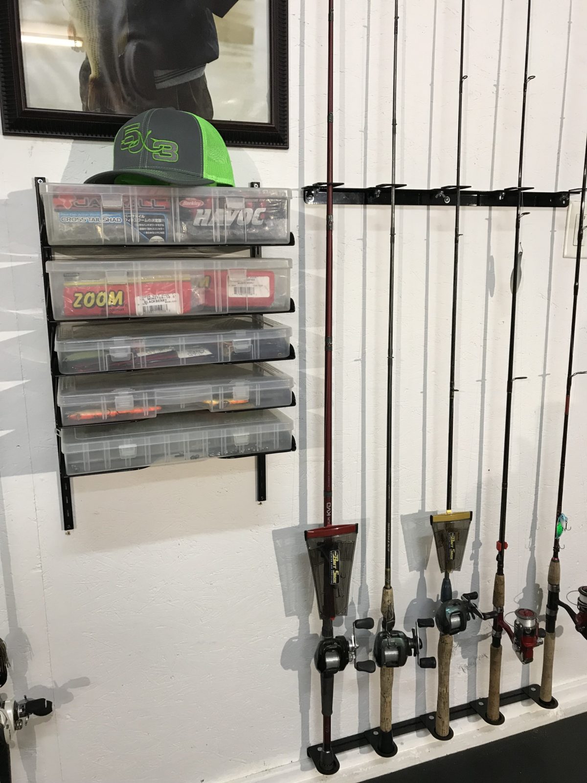 1/2 KIT – Rod/Reel Holder with Tackle Trays (One Rod & Reel Holder and Five  Tackle Trays) Special note: Hat, Tackle Boxes, Fishing Rod & Reel Combo's,  Picture and Frame, and Bass